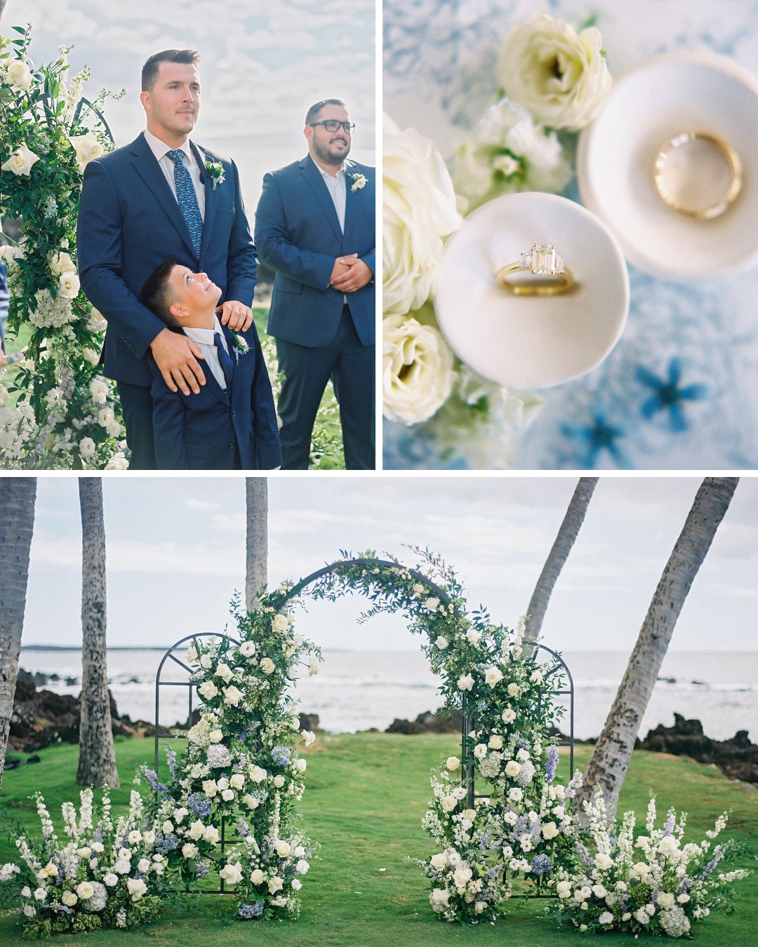 blue and white ceremony arch, groom at altar with son, bride's ring