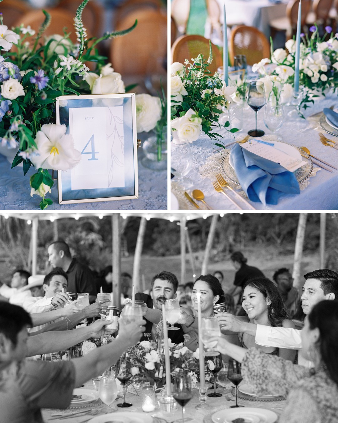 table number, floral table arrangements, guests cheers to the couple