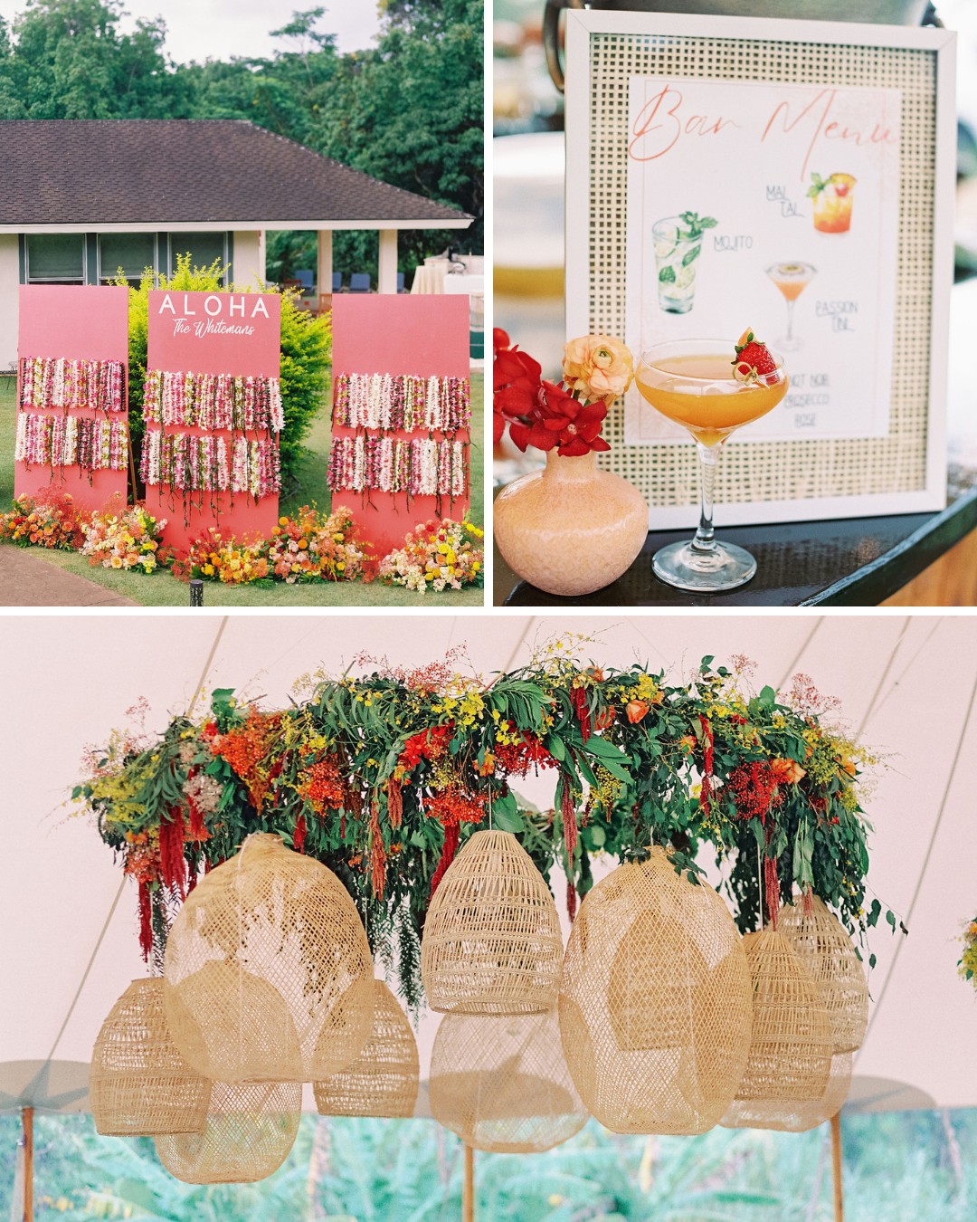 aloha sign with leis, cocktail menu, basket lanterns hanging from red and green floral installment