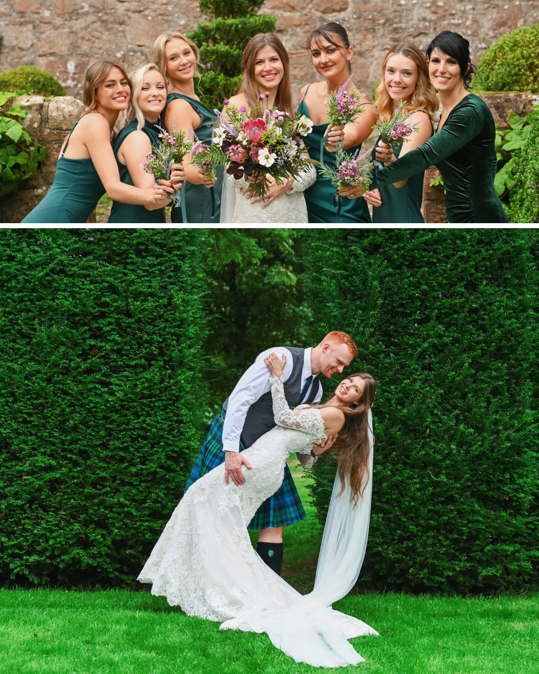 bridal group with their florals, groom dips bride
