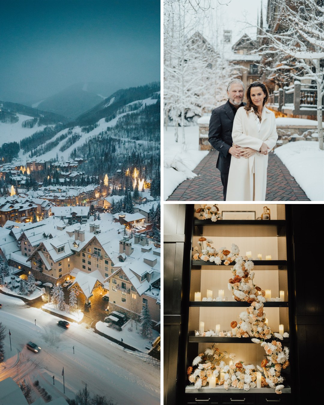 a collage of a couple in front of a snowy town