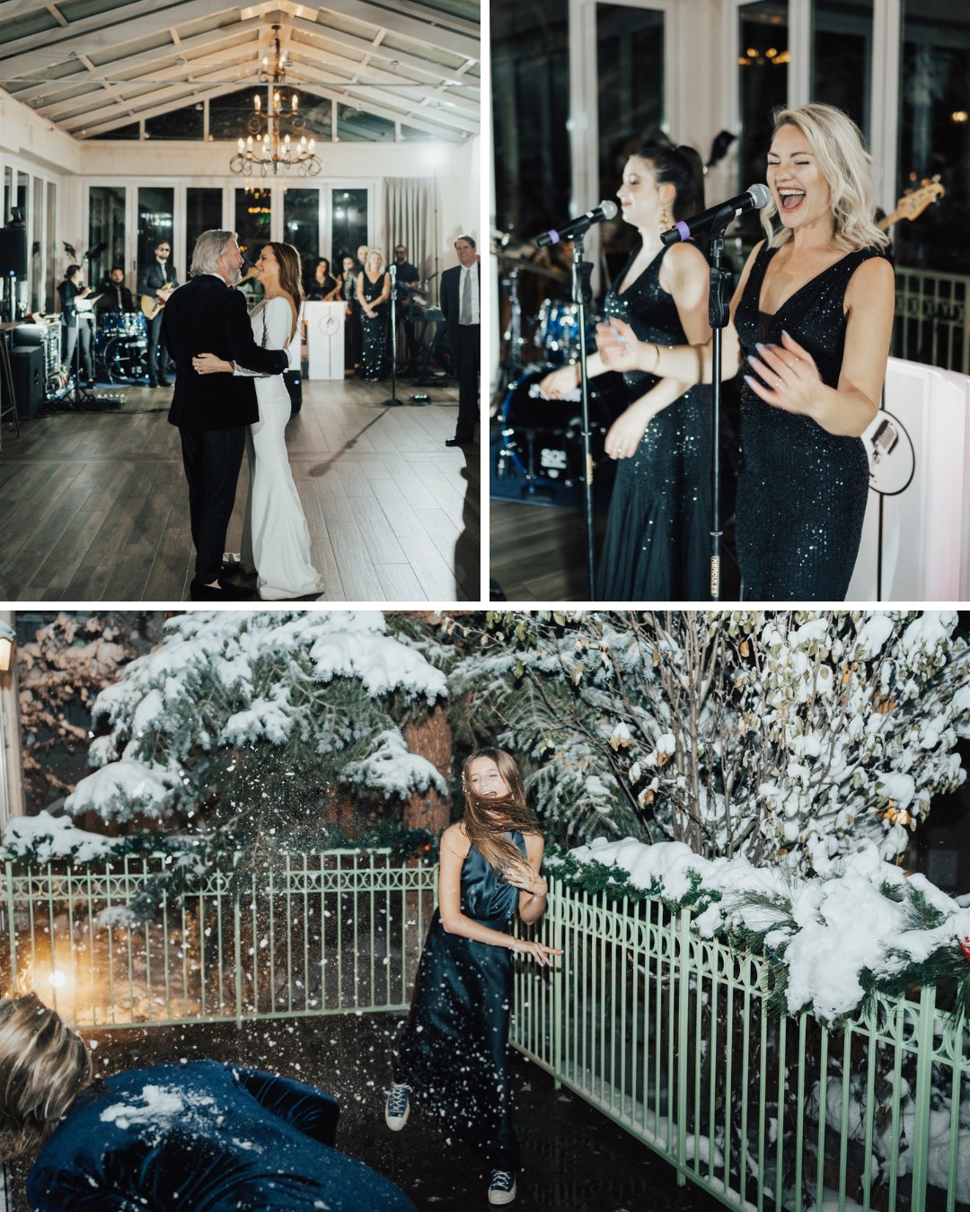 bride and groom dance, band sings, bridesmaids having a snowball fight