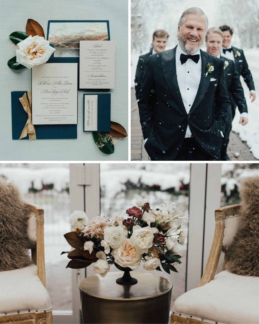 groom in a tuxedo, a bouquet of flowers, and stationery