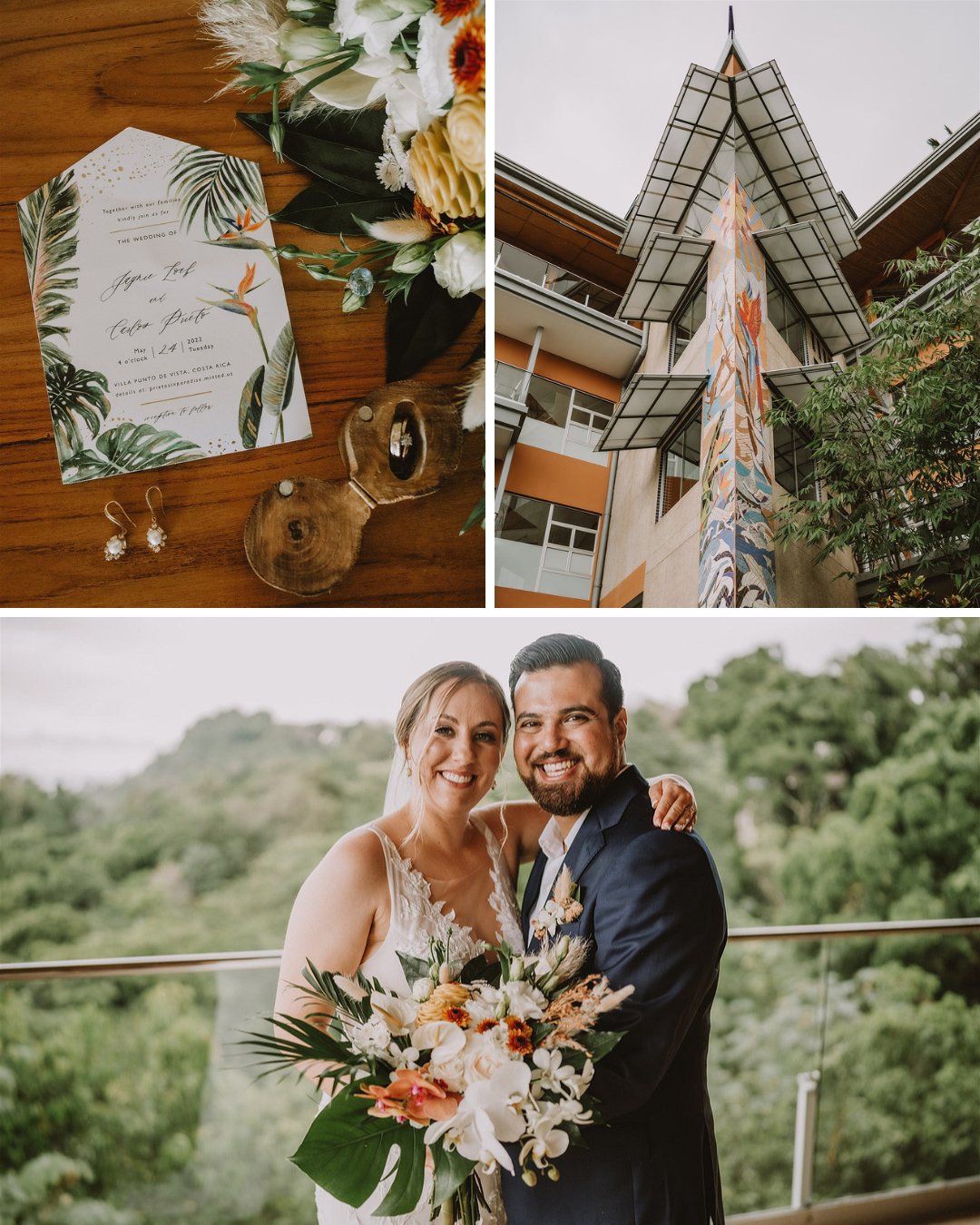tropical wedding invitations, exterior of building, couple smile with rain forest backdrop