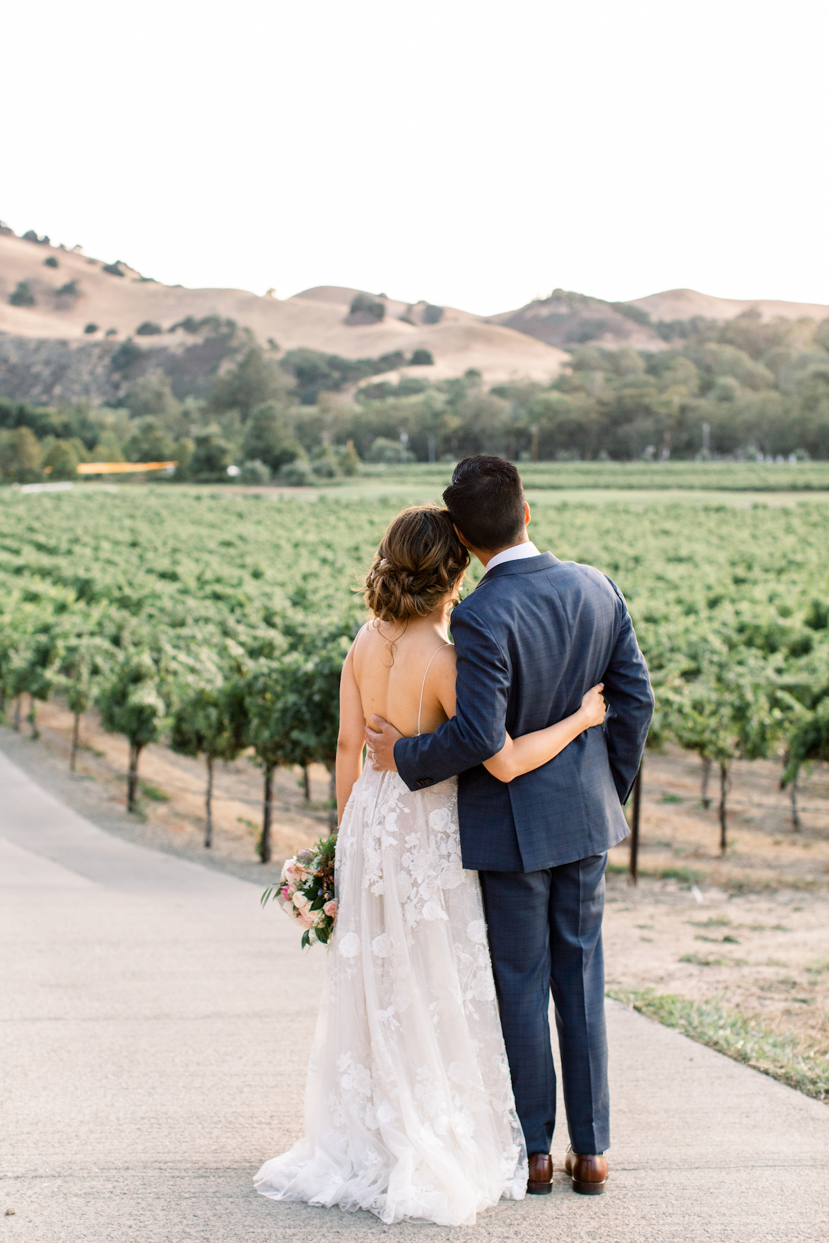bride and groom facing away from camera toward a vineyard with rolling hills