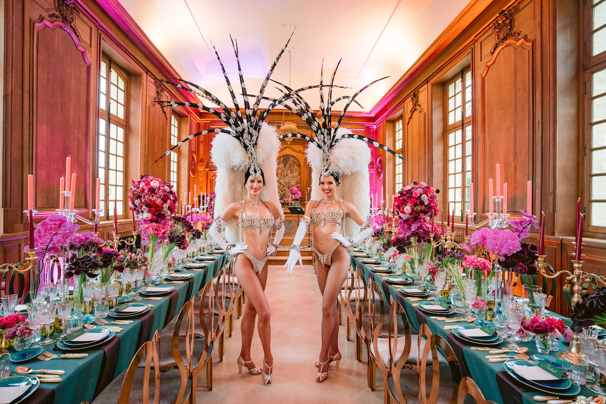 chateau Paris wedding reception with two burlesque dancers