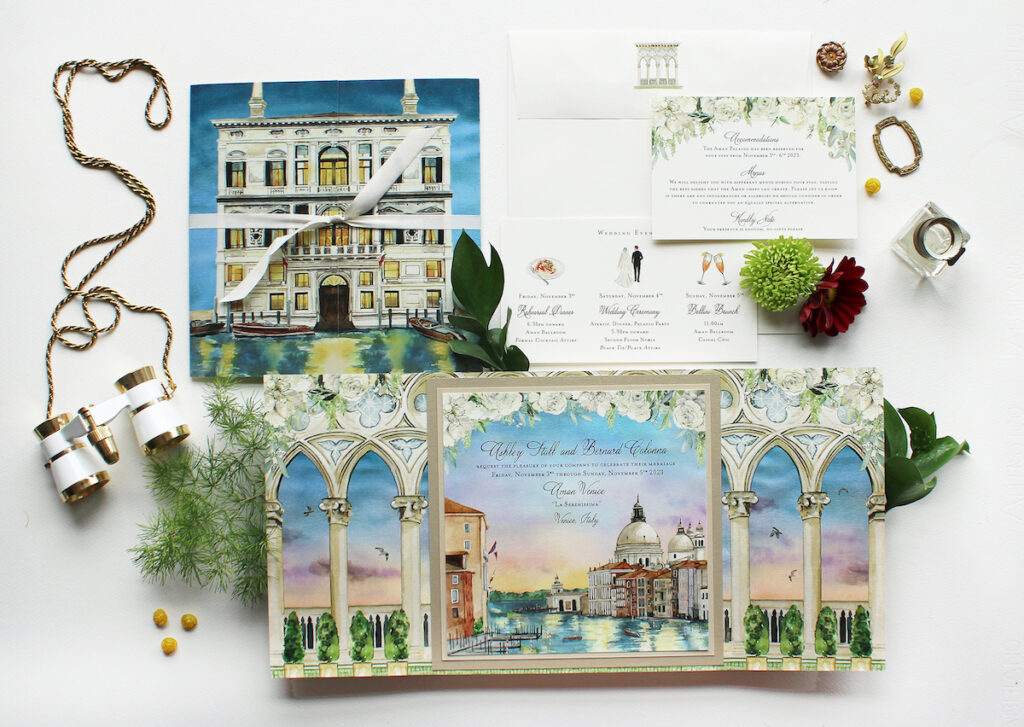 watercolor wedding stationery suite with Venice, Italy scenes