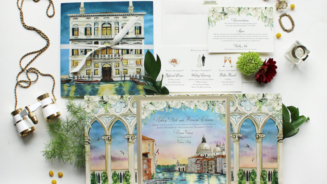 watercolor wedding stationery suite with Venice, Italy scenes