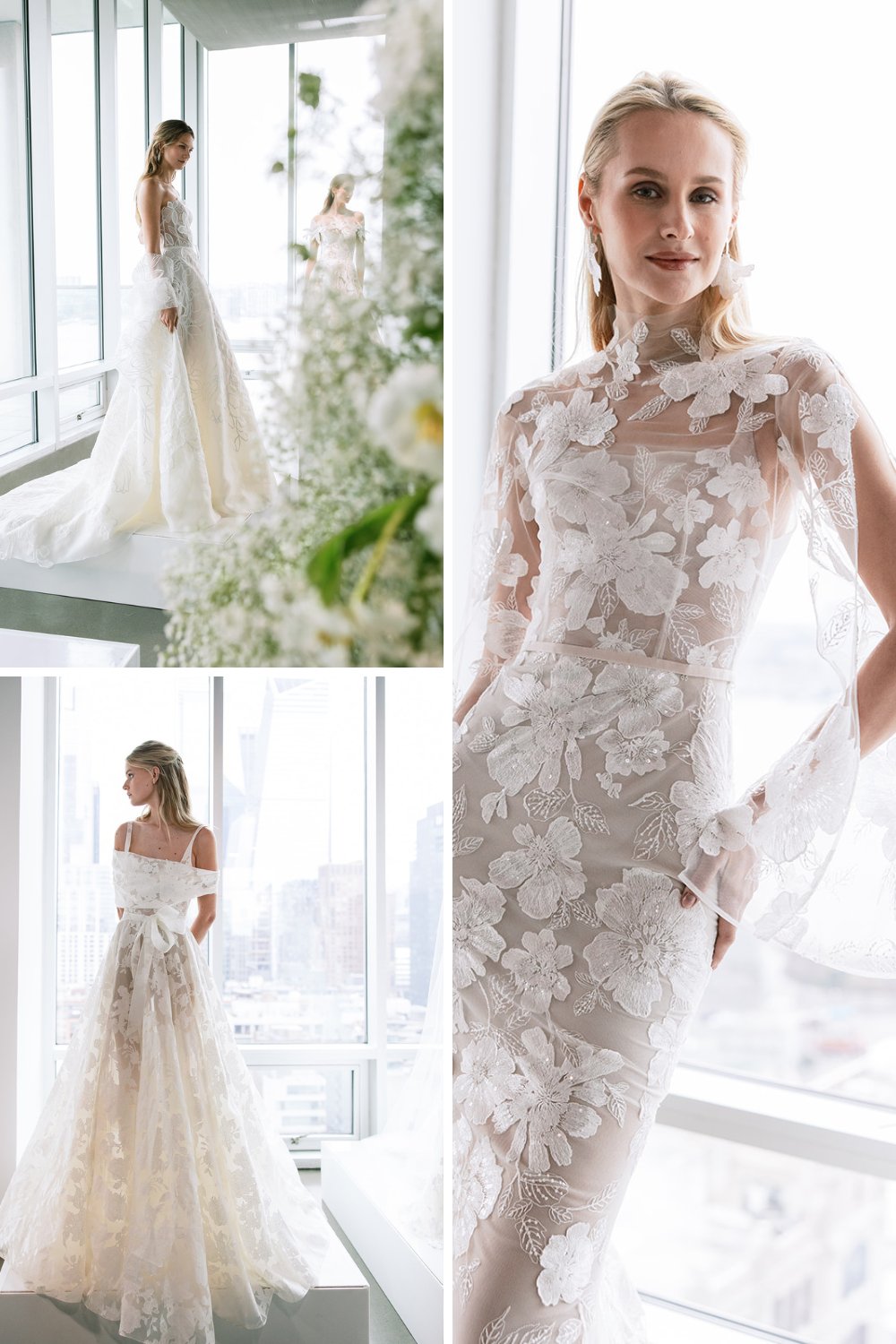 Collage of images of sheer style wedding gowns