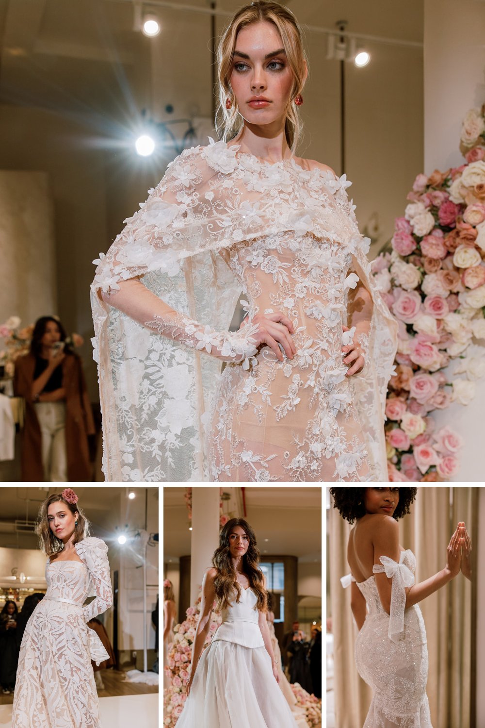 Collage of images of embroidered and textured wedding gowns
