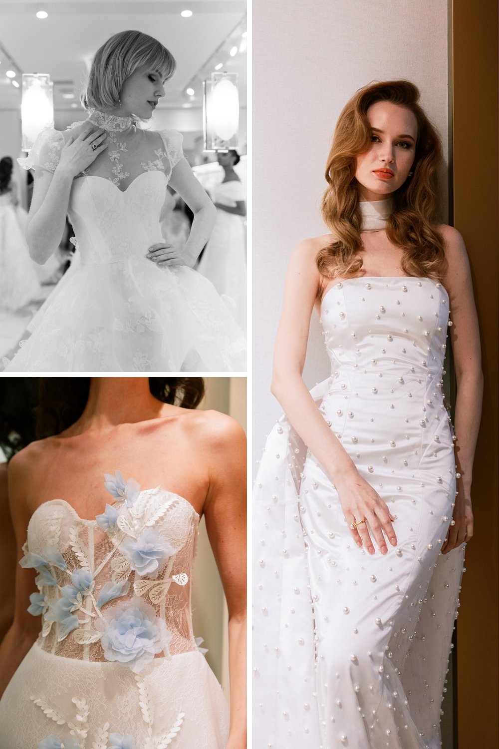 Collage of beaded and corsetted wedding gowns