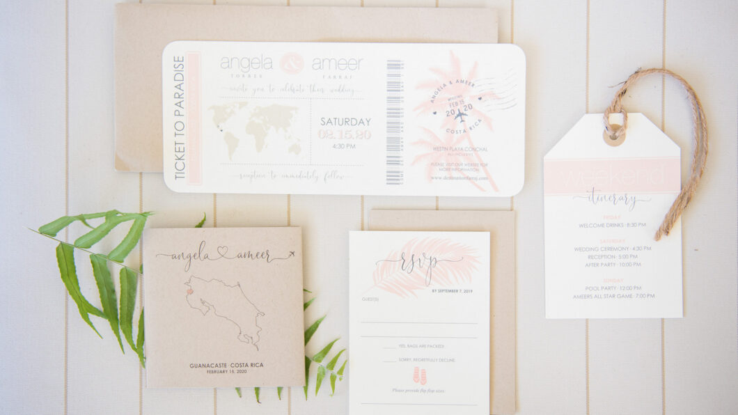 travel themed wedding invitations with a mock airplane ticket