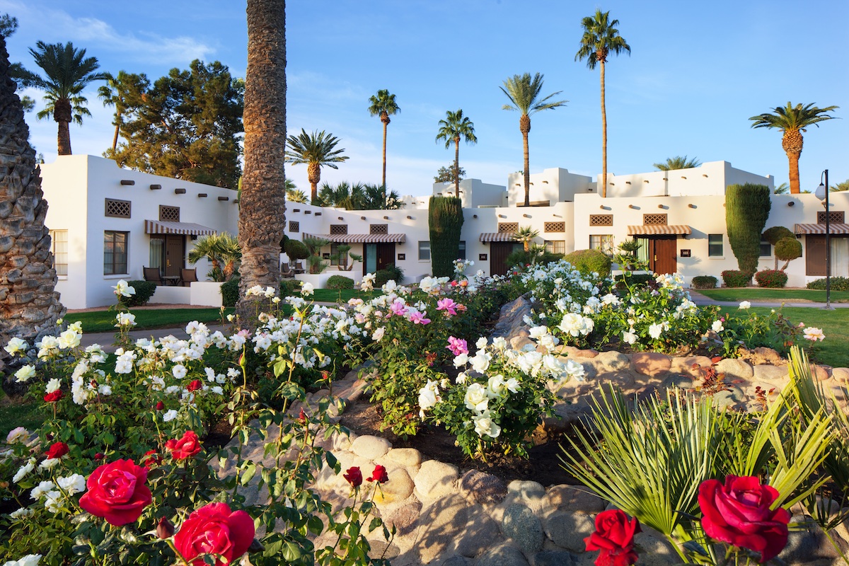 wigwam gardens with roses and palm trees