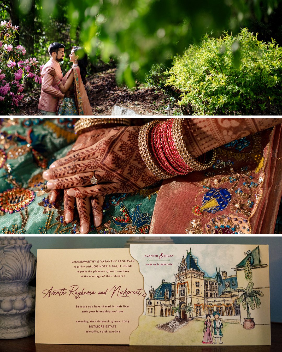 couple embracing in biltmore gardens, bride's henna, watercolor invitations