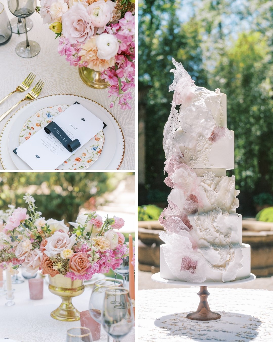 Collage of a 5 tiered wedding cake and rose centerpieces for a wedding reception