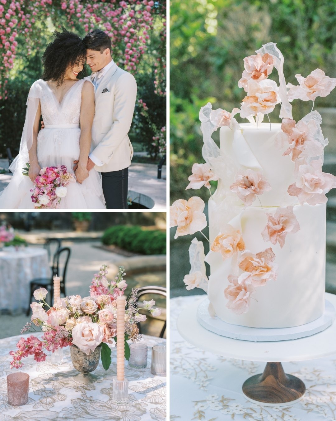 Collage of images of wedding couple, wedding cake and rose centerpieces