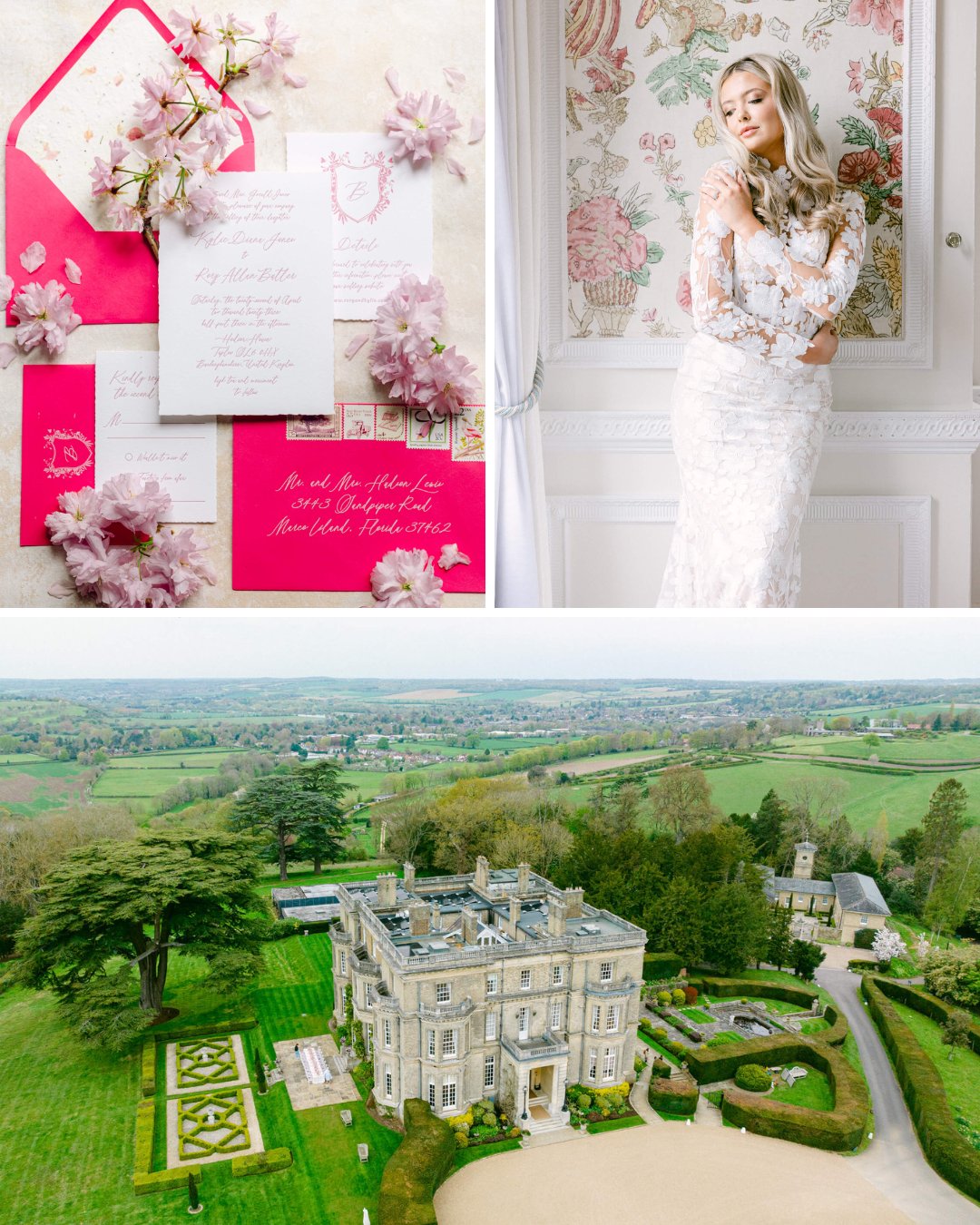 Collage of wedding invitation, a bride in a gown and historic manor in England.