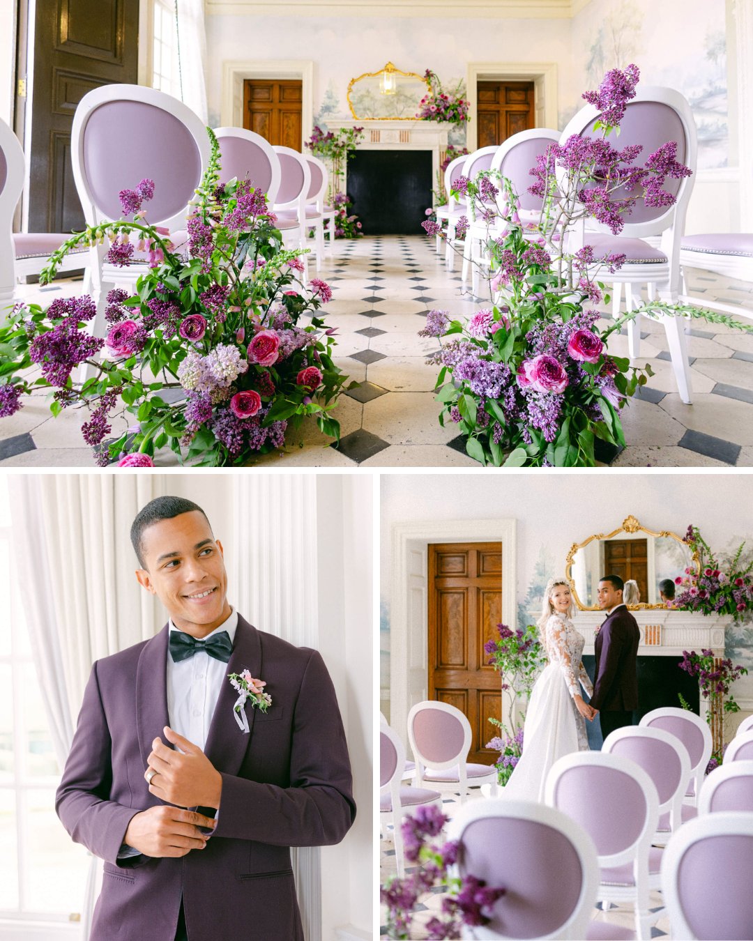 Collage of wedding ceremony set up in pastel and lilac colors. Groom and wedding couple posing insid or English Manor.