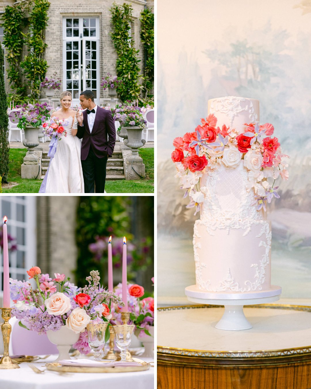 Collage of wedding cake adorned with flowers, a table with floral centerpieces and tapered candles and a wedding couple posing in the garden of a manor