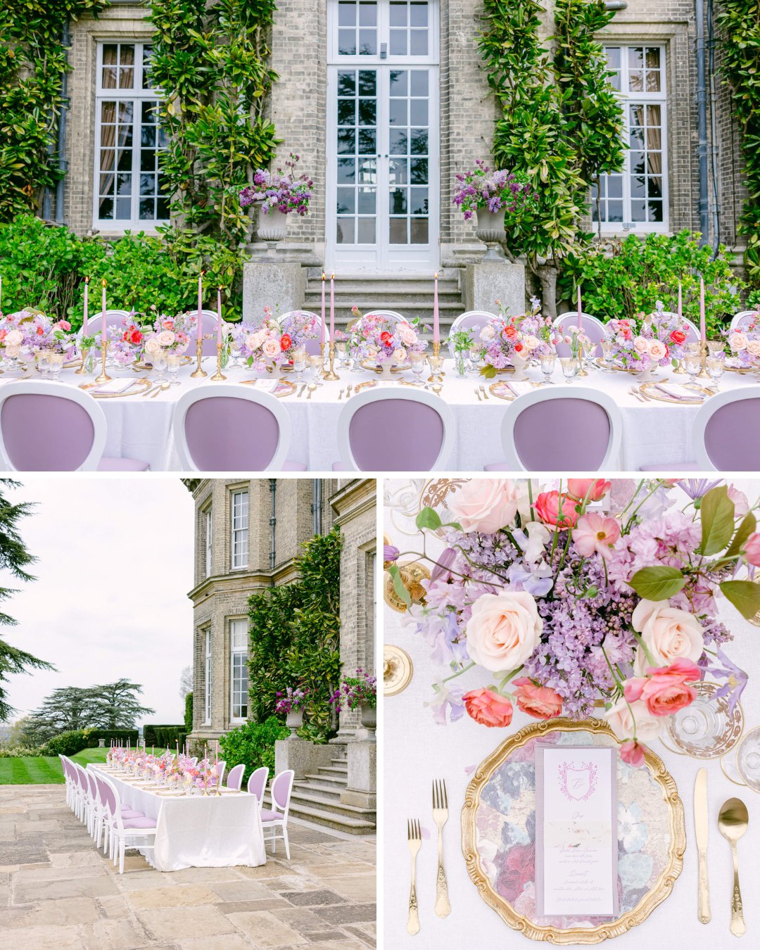 Collage of wedding reception featuring long table set up for a wedding ceremony in pastel and lilac colors on the terrace of an English manor