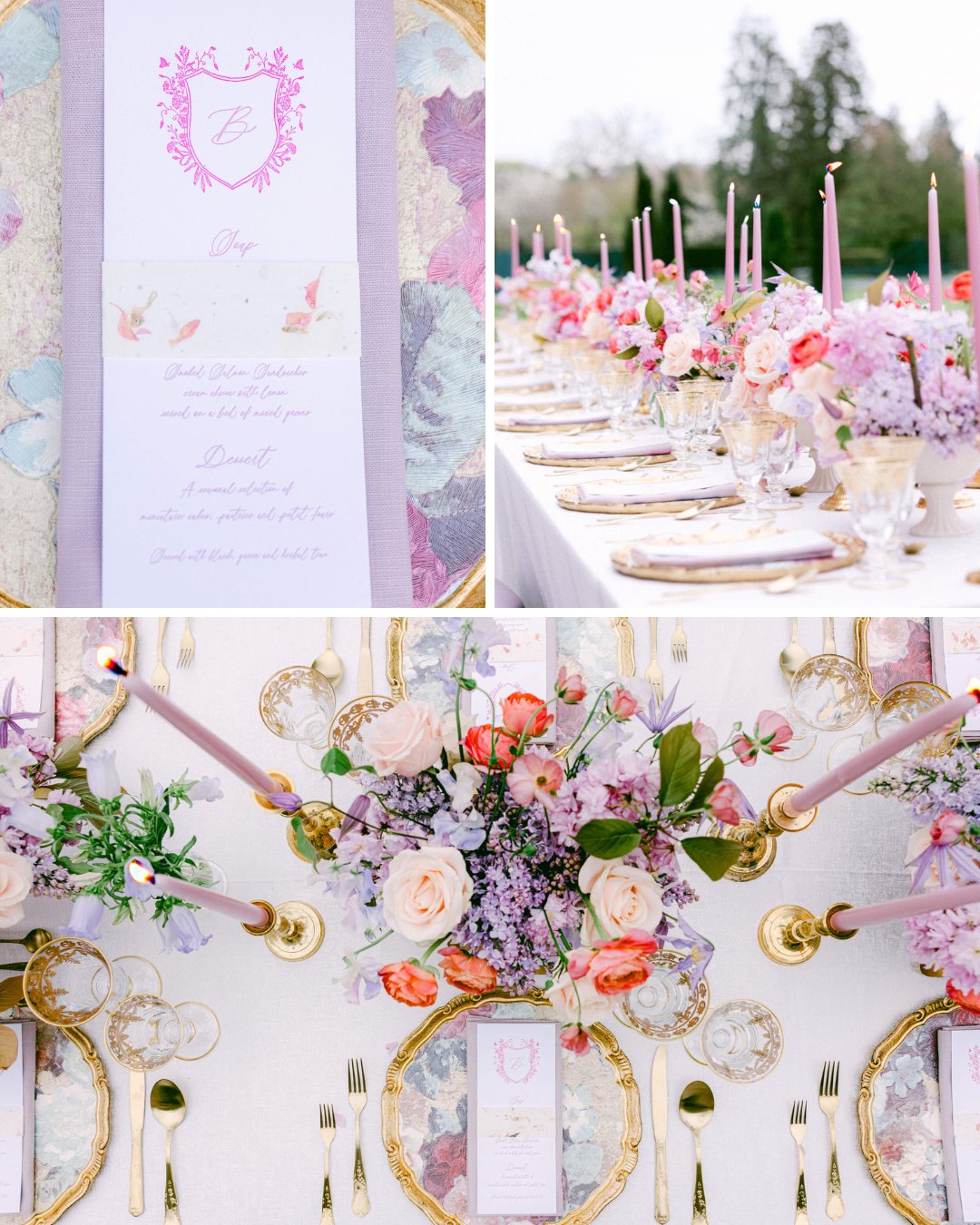 Collage of wedding centerpiece in soft pink colors. A an embossed Barbie pink wedding invitation is featured.