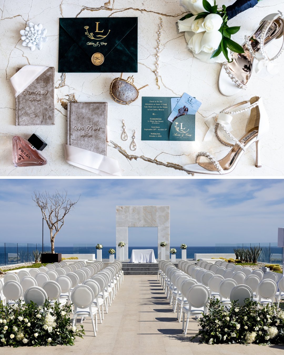stationery suite flatlay with white high heels; ceremony setup with Los Cabos bay view