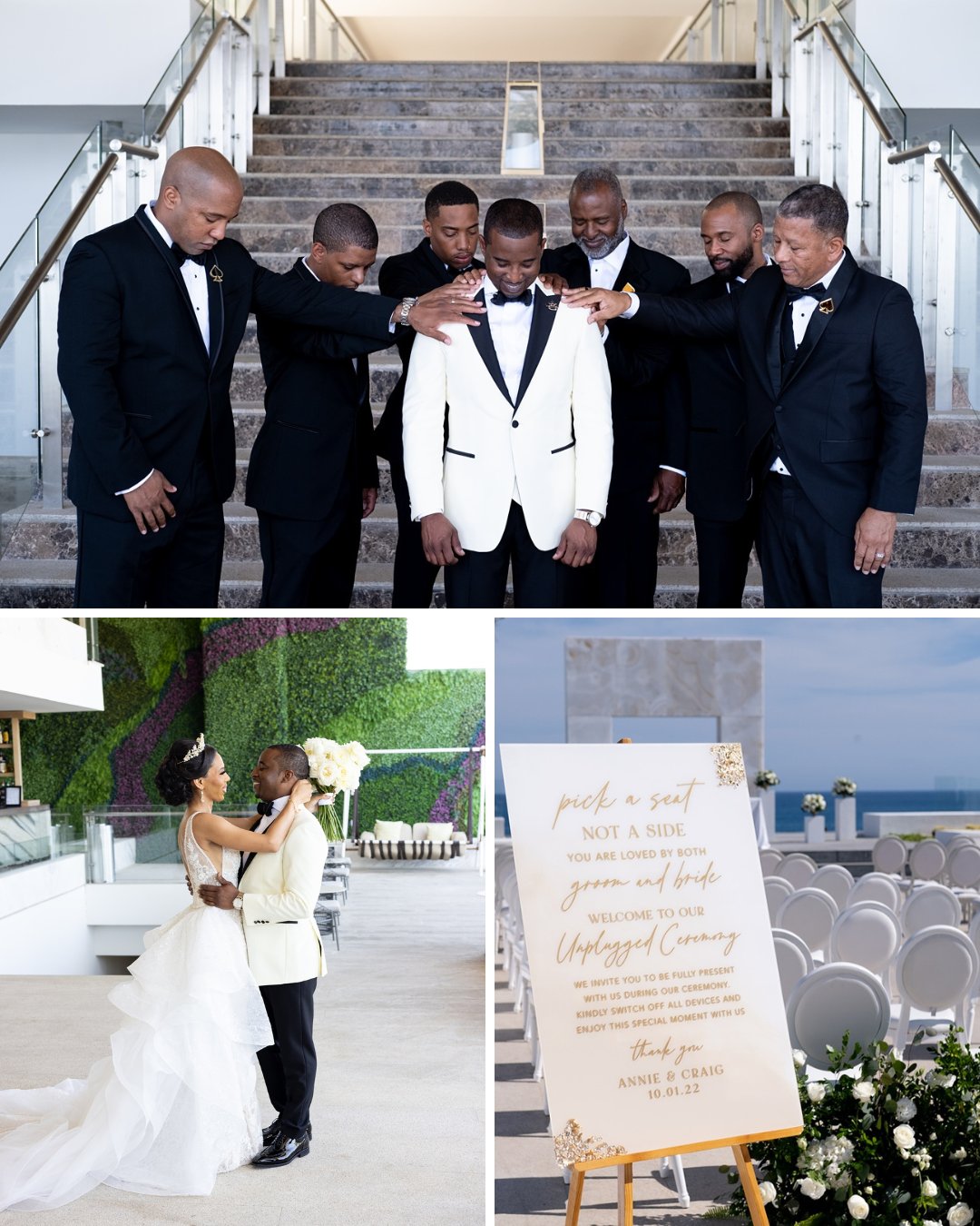 groom praying with groomsmen; Annie and Craig embrace at first look; Pick a seat sign at ceremony