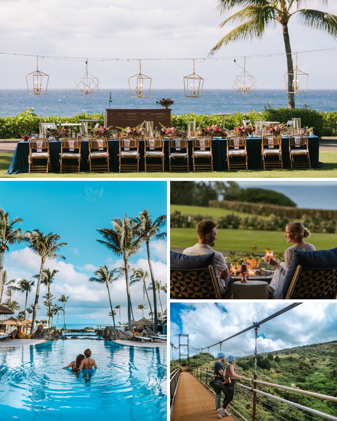 collage of Maui wedding reception and couples adventuring