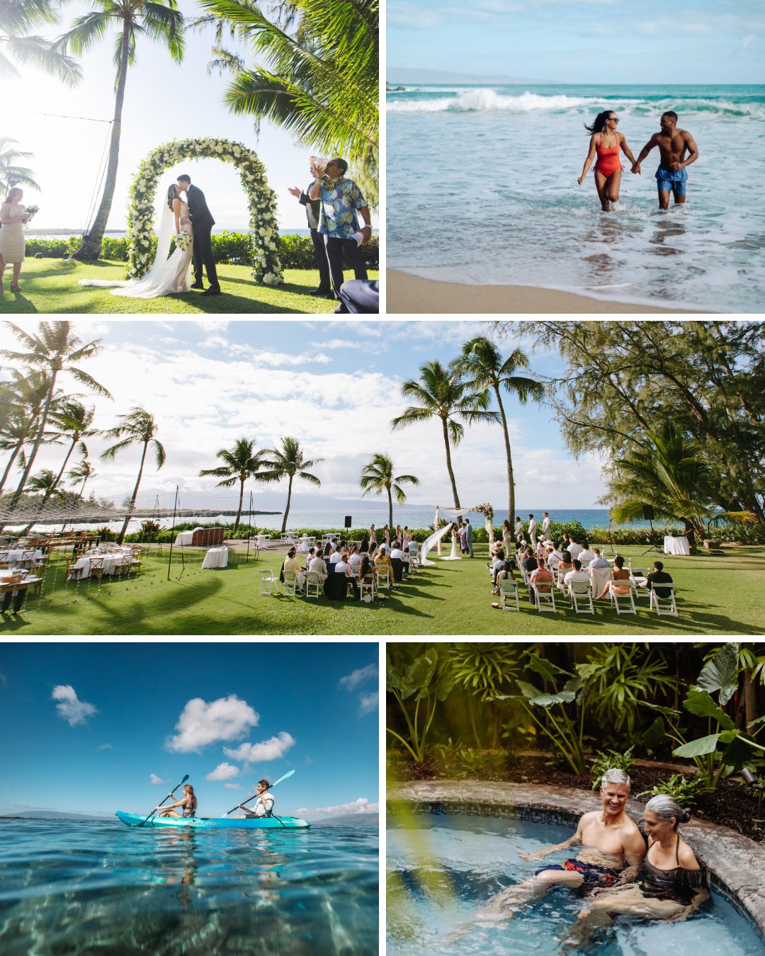 Maui wedding setups, couples enjoying the ocean