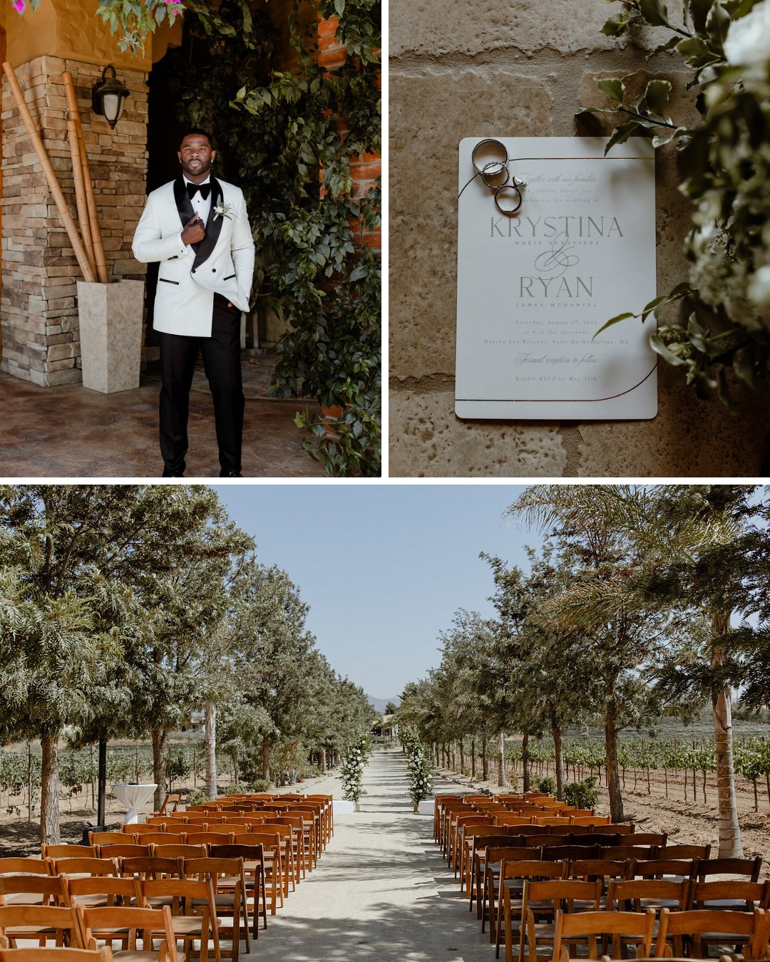 groom in white tux with black slacks, white stationery with green and white florals, vineyard wedding ceremony setup
