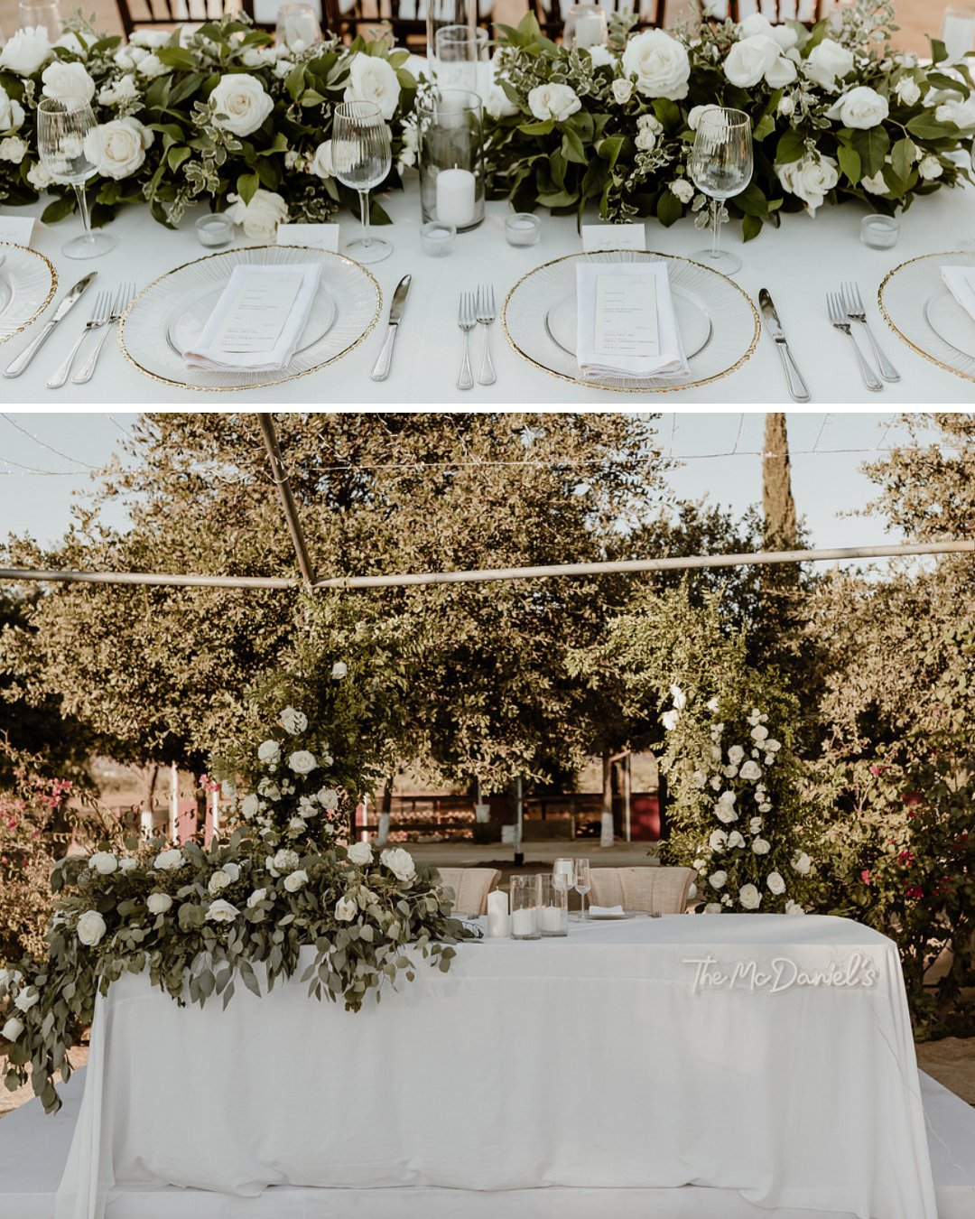 table setup with white roses and candles as decor