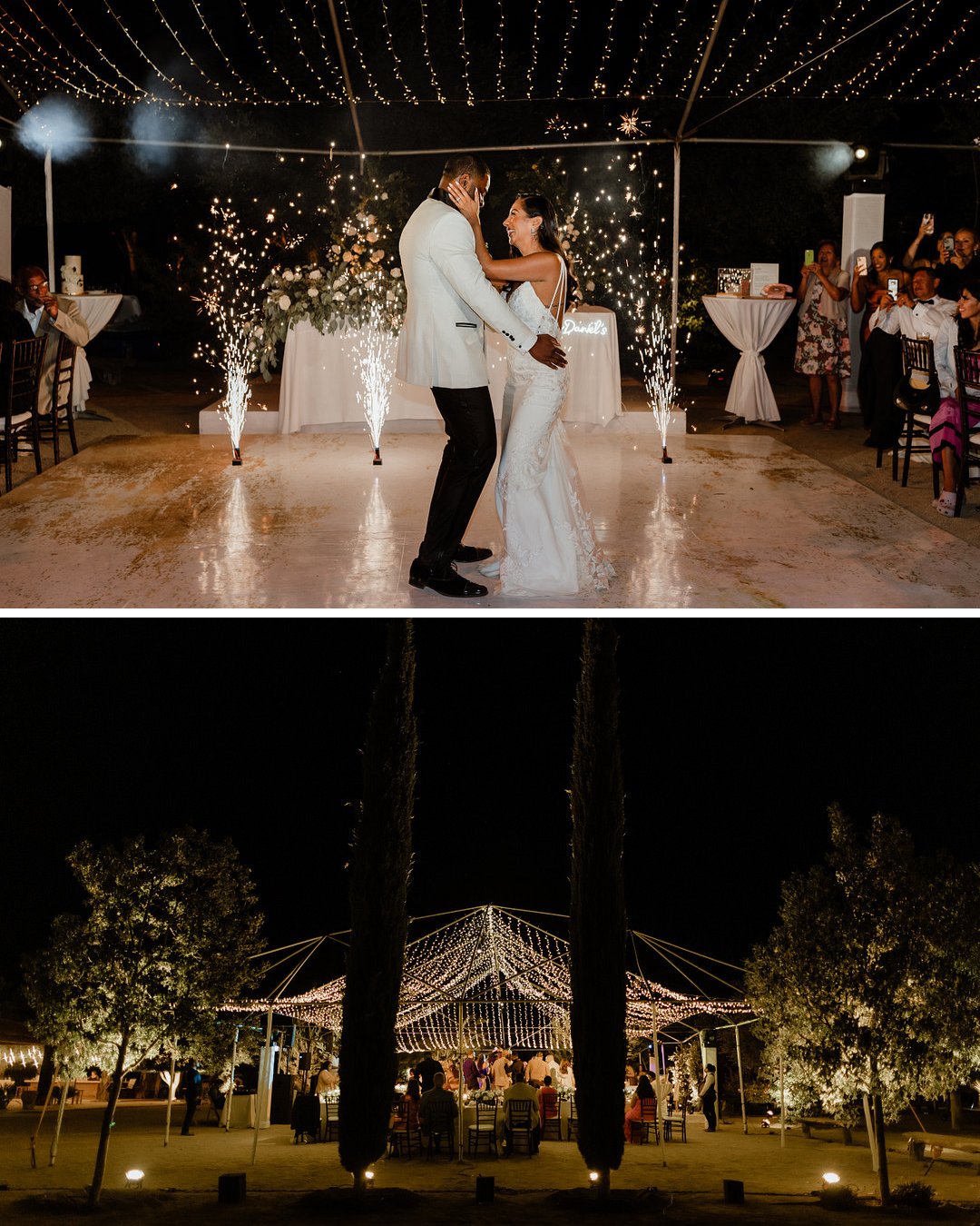 the bride and groom embrace while cold fireworks shoot off, wide shot of the Mexico wedding reception with fairy lights above