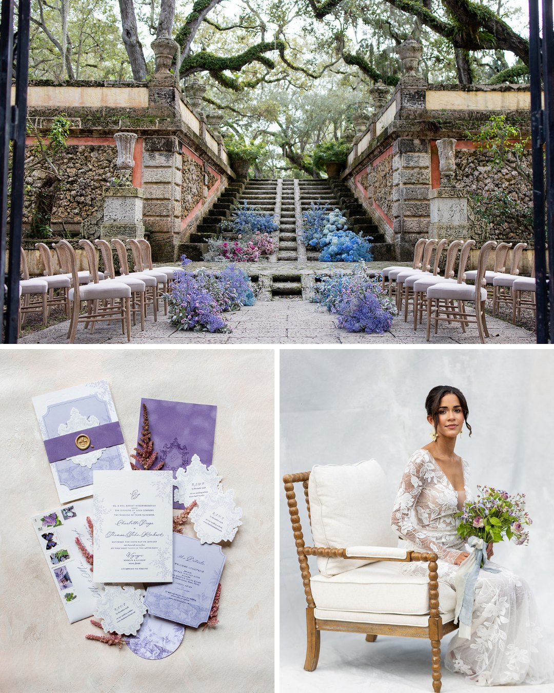 collage with ceremony setup with blue, pink and purple florals; purple stationery suite; bride sitting on wooden chair wearing a long sleeve v-neck fitted gown with floral appliqué 
