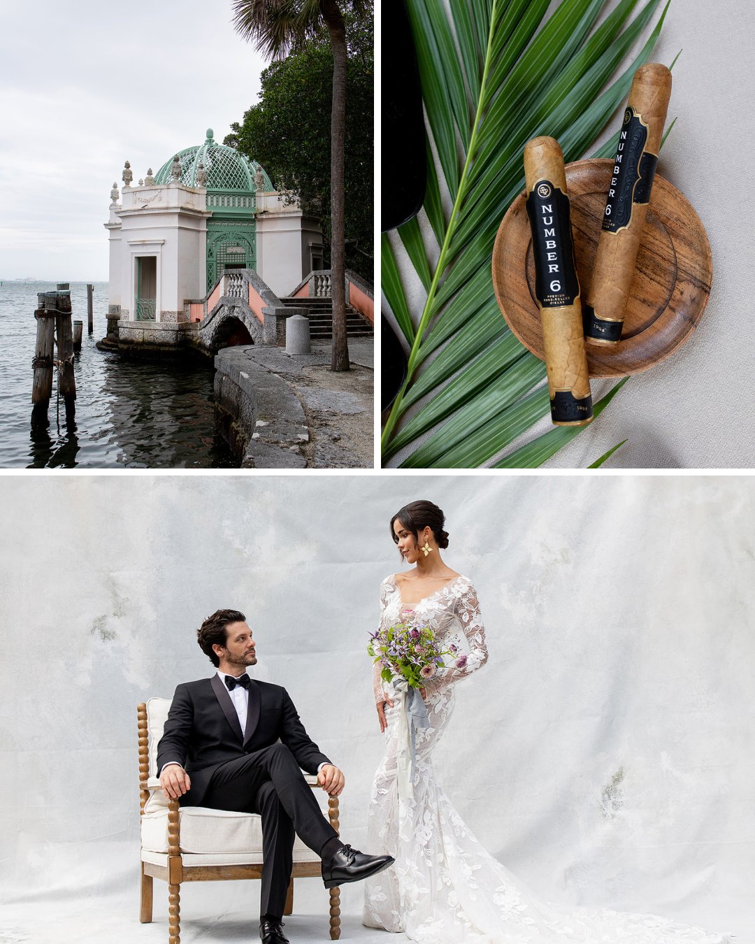 old dome structure right on the water, two Number 6 brand cigars with a palm leaf, groom sits in chair looking up at bride who holds a bouquet of purple flowers