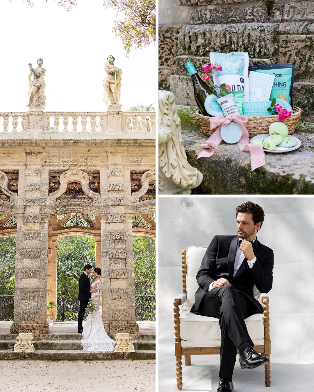 couple stare into each other's eyes under an arch of an outdoor hallway of stone, welcome basket with goodies all in light blue, groom sit pensively on chair with white backdrop