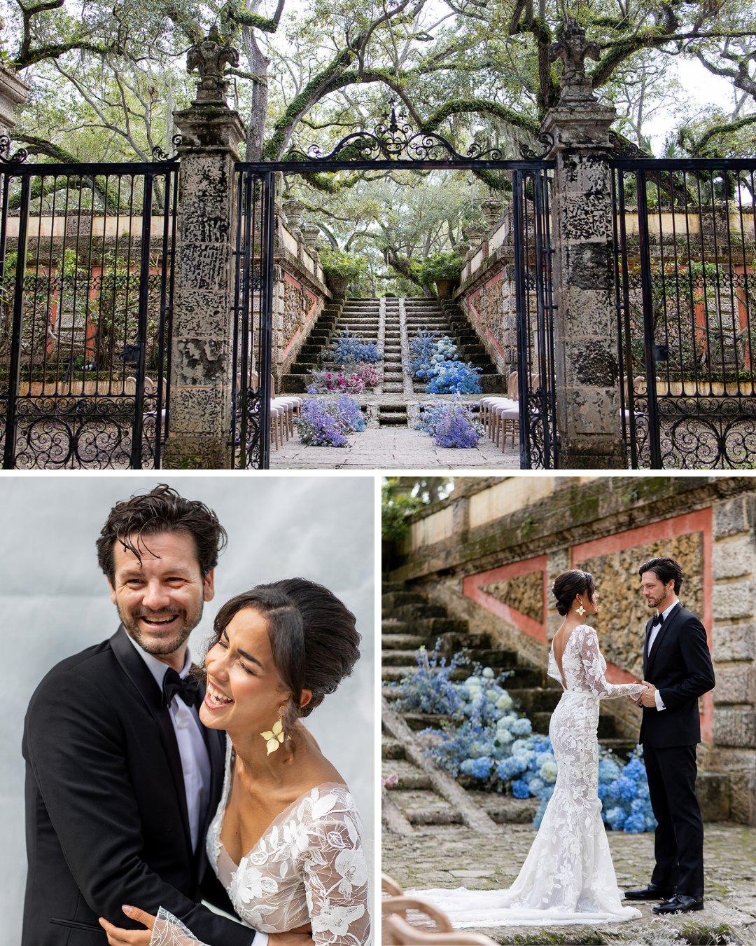 iron and stone gate frames a wedding ceremony setup with stairs leading up behind; couple laugh while hugging; couple hold hands at altar with blue ground floral arrangements behind