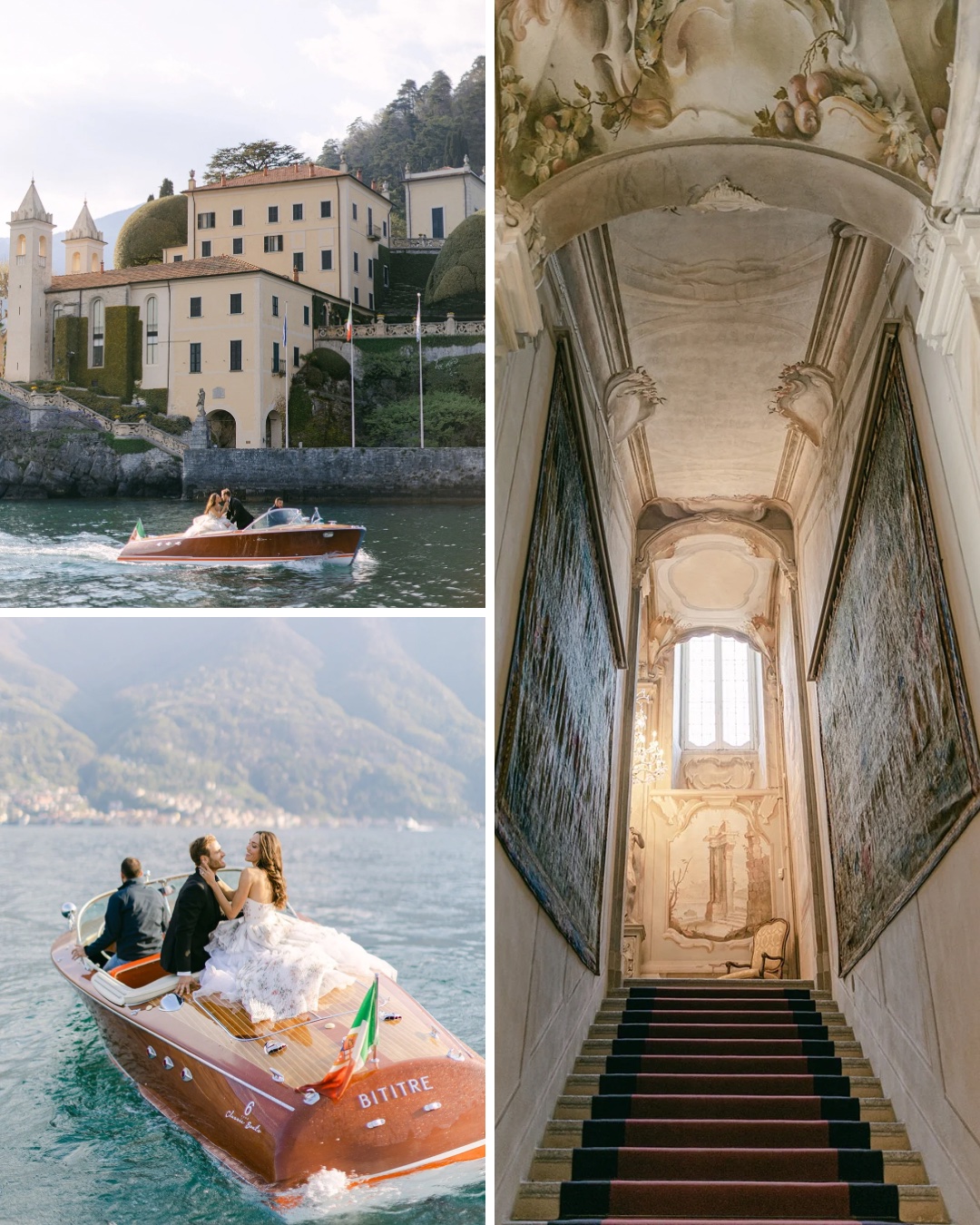 Collage of photos of an Italian speedboat (Riva) and the grand entrance to a villa on Lake Como