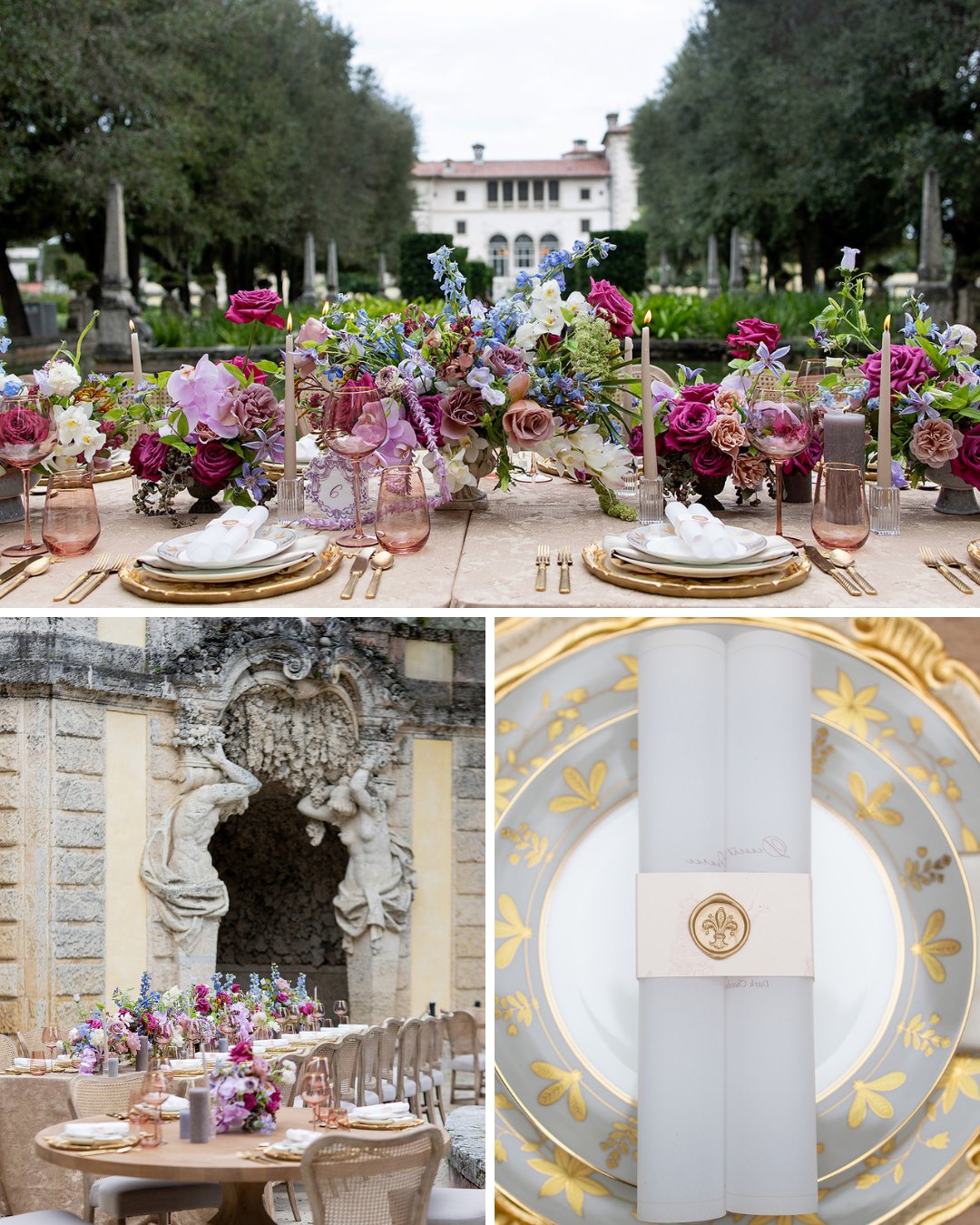 reception table decor with blue, pink, purple and white floral centerpieces; table in front of stone sculptures and archway; white plate with gold floral details and rim 