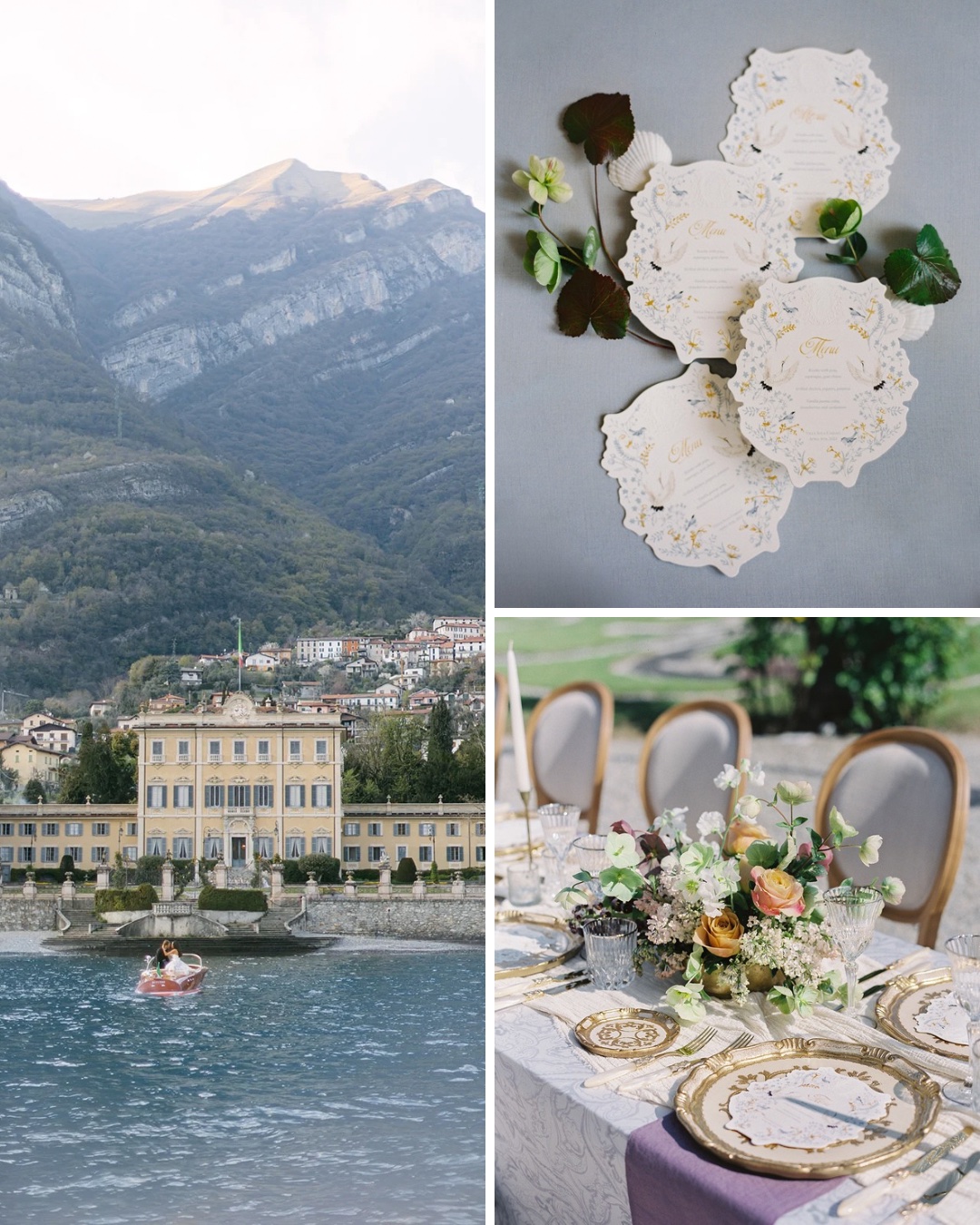 Collage of photos of a wedding reception set up and an Italian villa