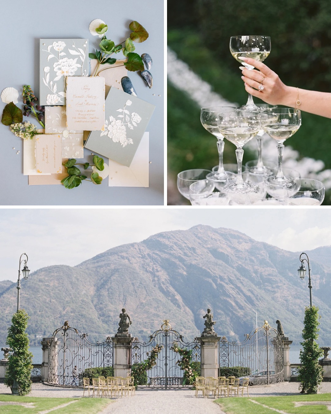 Collage of wedding invitations, champagne tower and scenic wedding venue