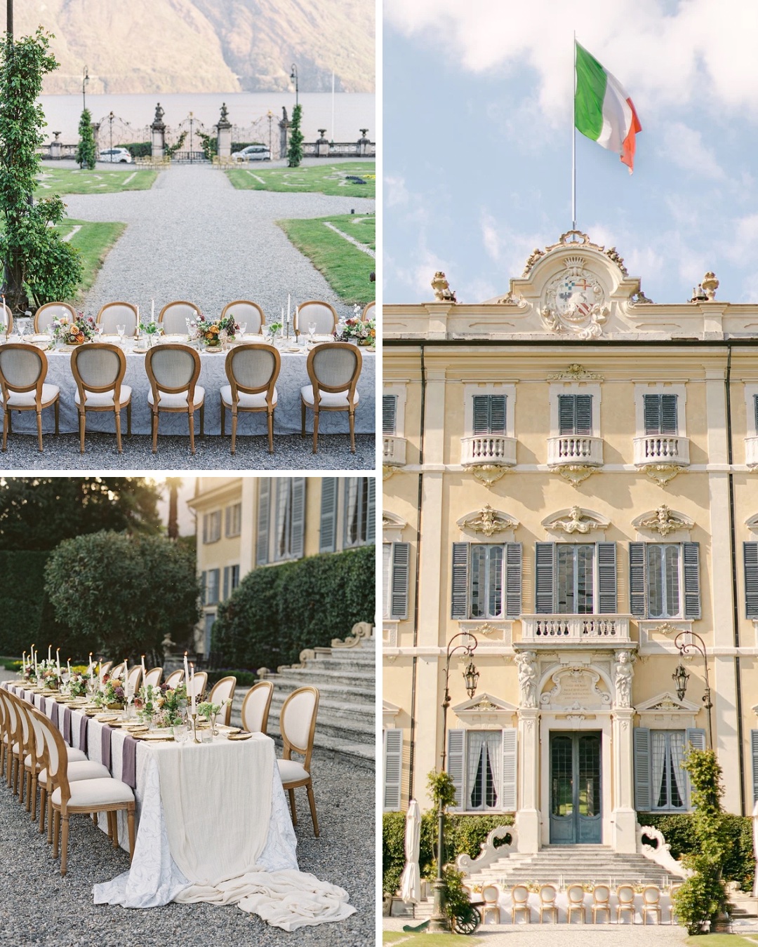 Collage of photos of an Italian villa set up for a wedding reception
