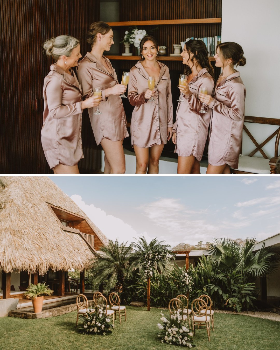 bride with bridesmaids in rose colored silk pajama dresses; ceremony setup in courtyard