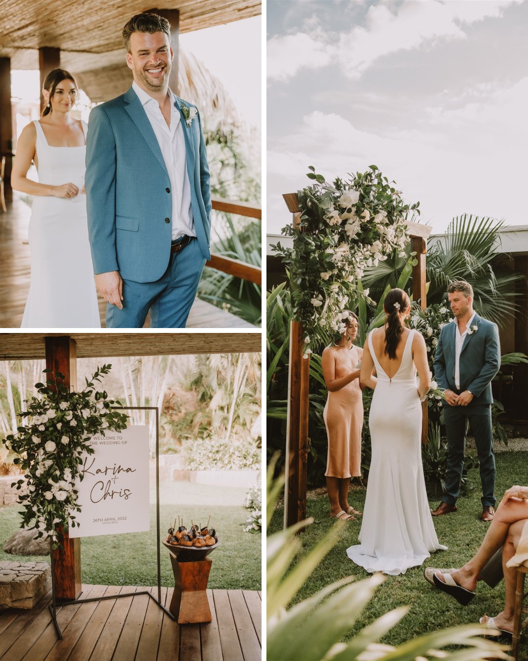 groom smiles at camera as bride walks up behind him for the first look; welcome sign with Karin and Chris on it; bride and groom stand at altar adorned with white florals and greenery