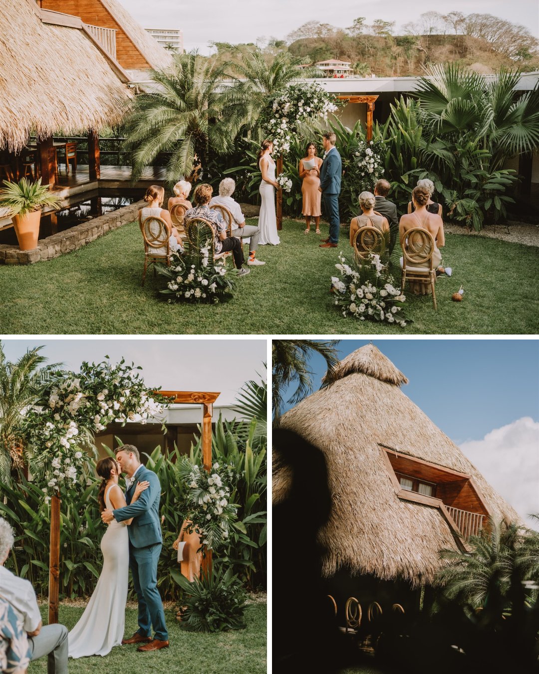 couple stand at altar; Karina and Chris kiss; top floor of Tamarindo villa with thatched roof