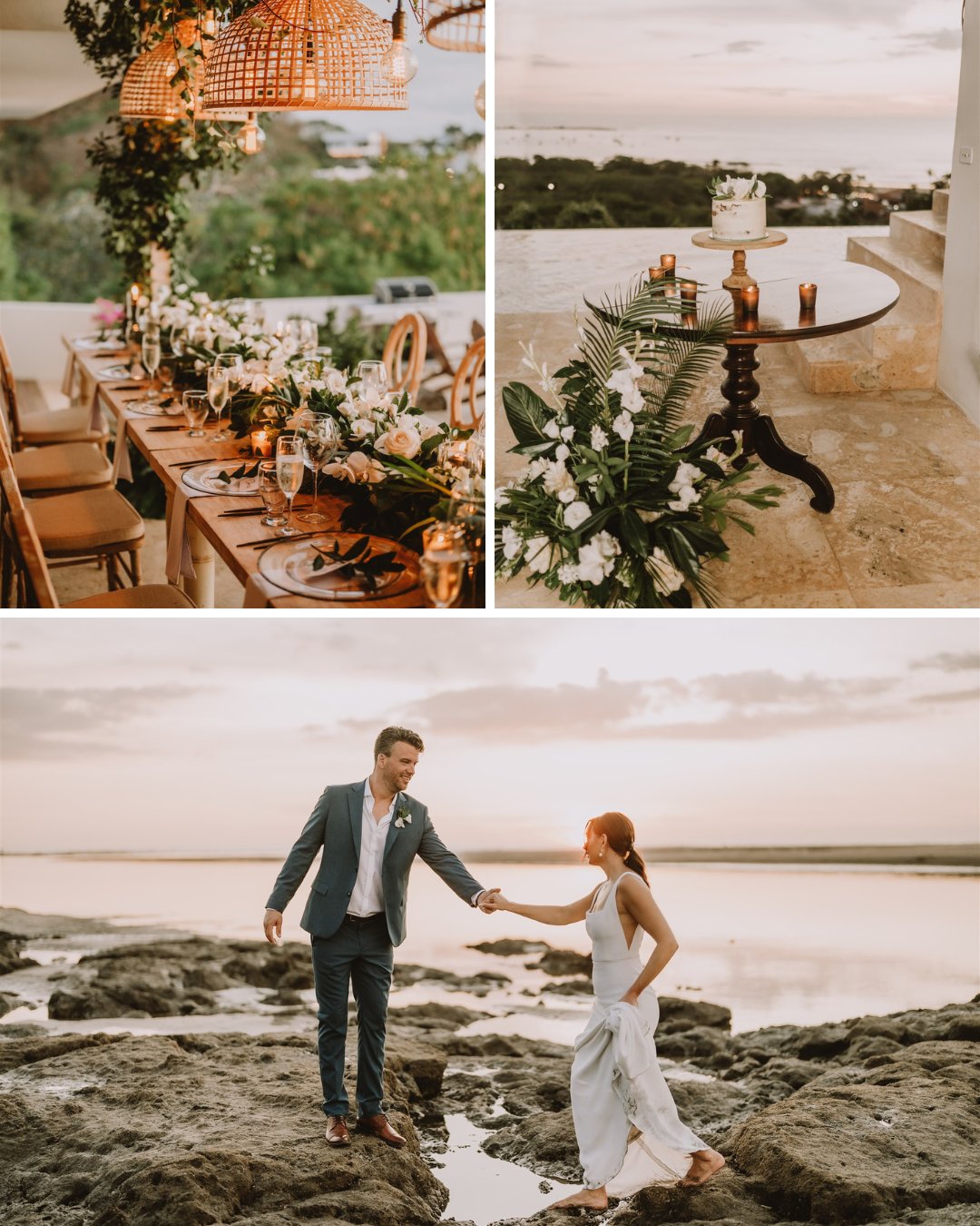 table set under hanging wicker lamps and decorative greenery; white cake sits on a wooden table overlooking the ocean at sunset; Chris helps Karina cross over puddle on rocks by the sea
