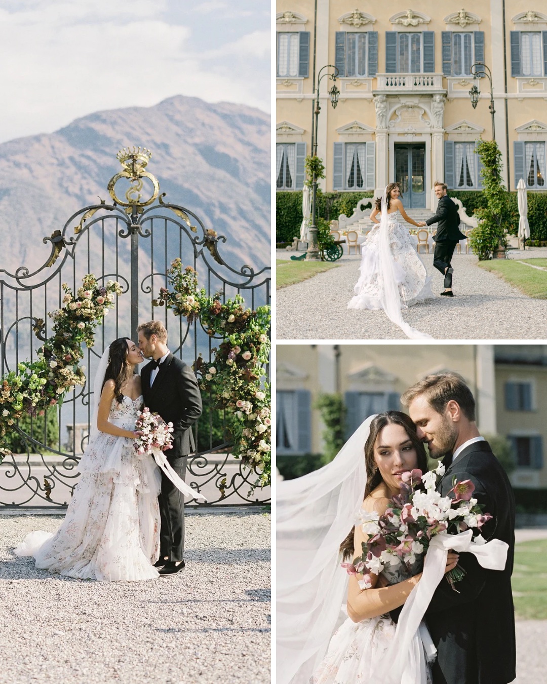 Collage of photos of a bride and groom posing at a fairytale wedding venue