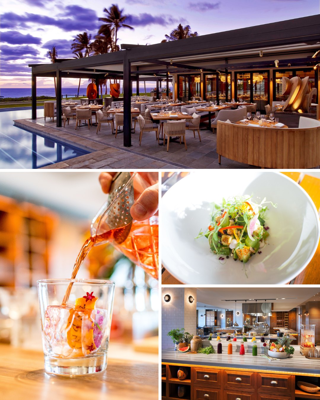 collage of Andaz Maui restaurants and food and drinks