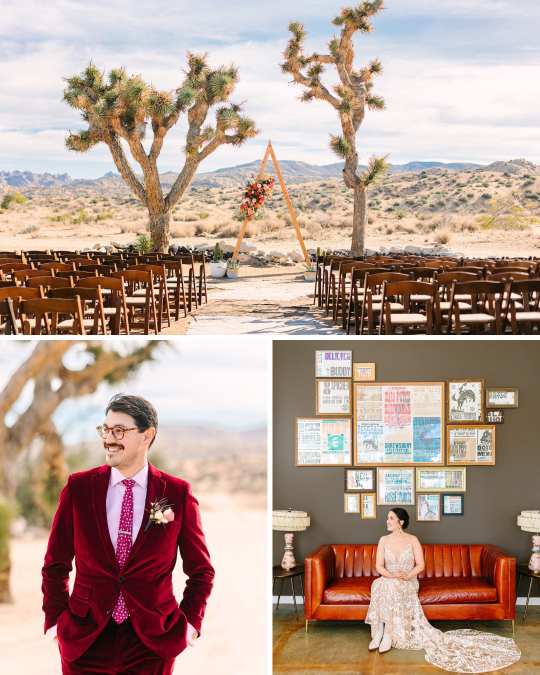 A beautiful desert wedding ceremony setup behind a Joshua Tree with a stunning mountain backdrop, groom poses in red velvet suit, bride sits in lacy dress on red couch