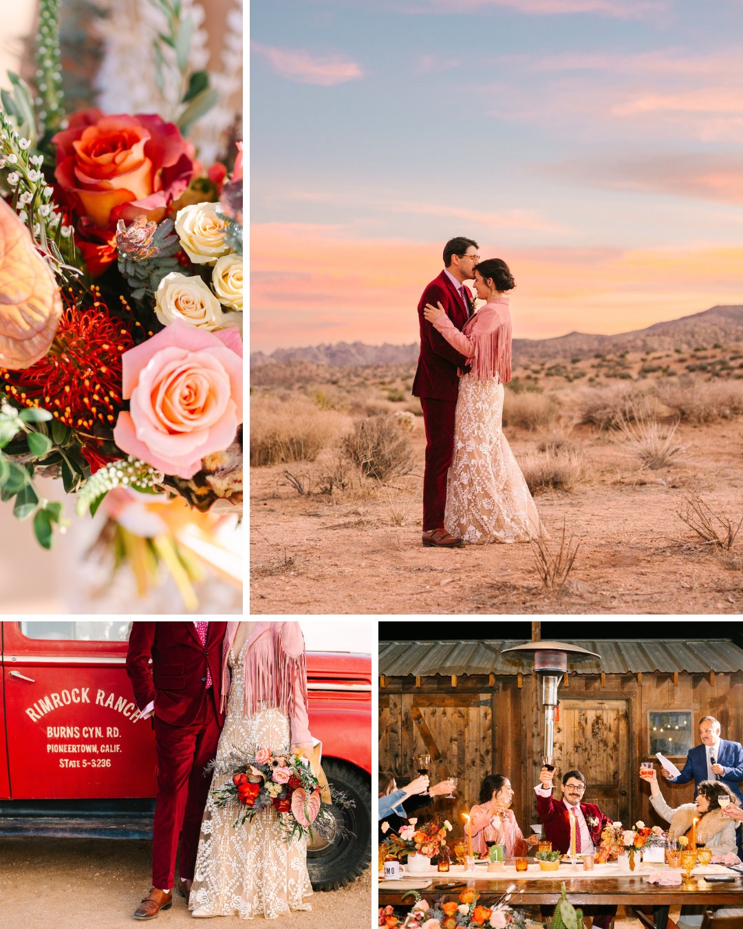 photo collage of couple around Rimrock Ranch, bridal bouquet, reception toasts