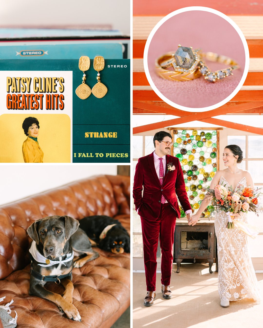 A wedding collage featuring a dog and a record, jewelry, and the couple's first look